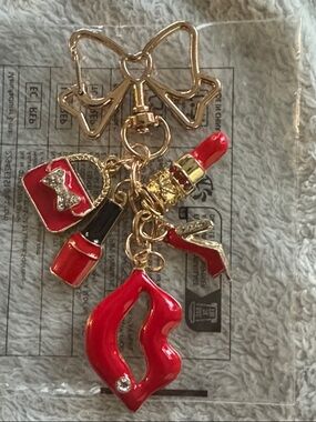 Gold Bow Keychain with Red Lip & Makeup Charms